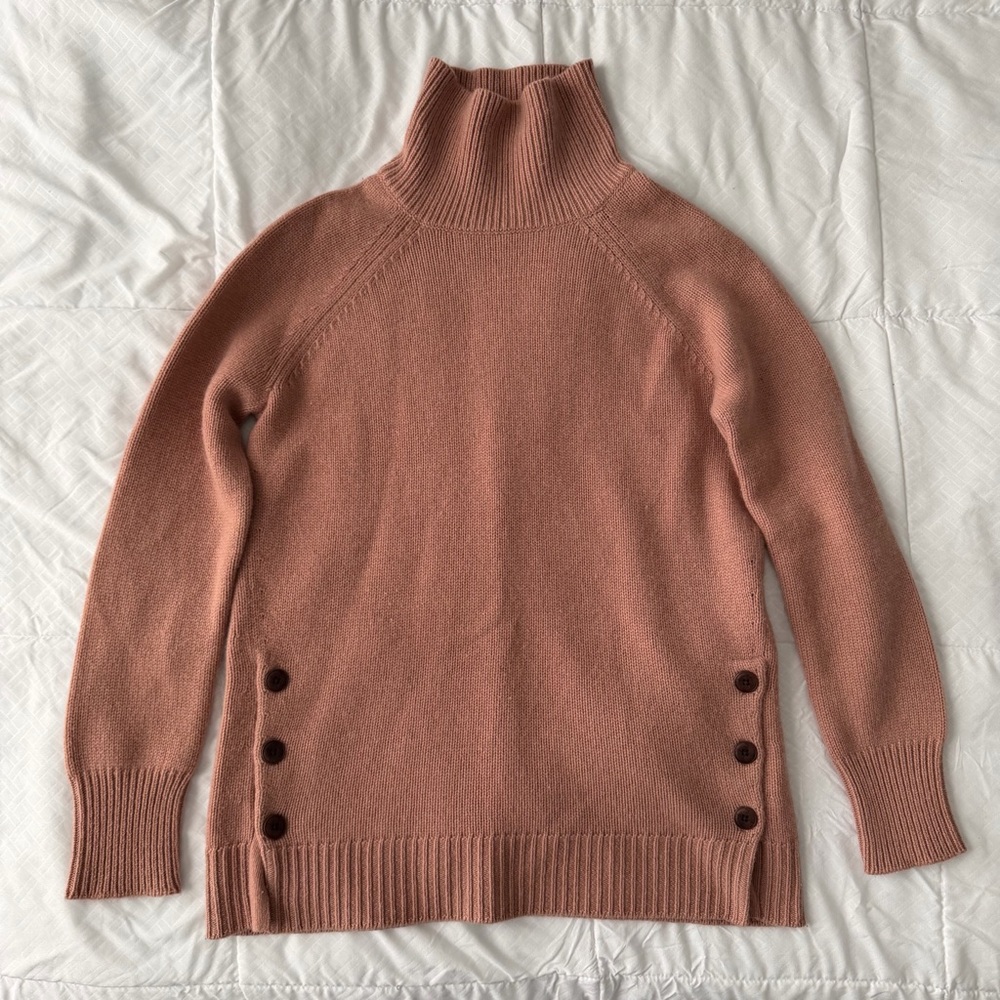 Garnet Hill Cashmere Turtleneck Sweater S Dusty Pink Button Side Luxury Knit